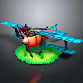 Vintage Biplane Airplane with Red Propeller Orange Body Blue Wings on Green Grass