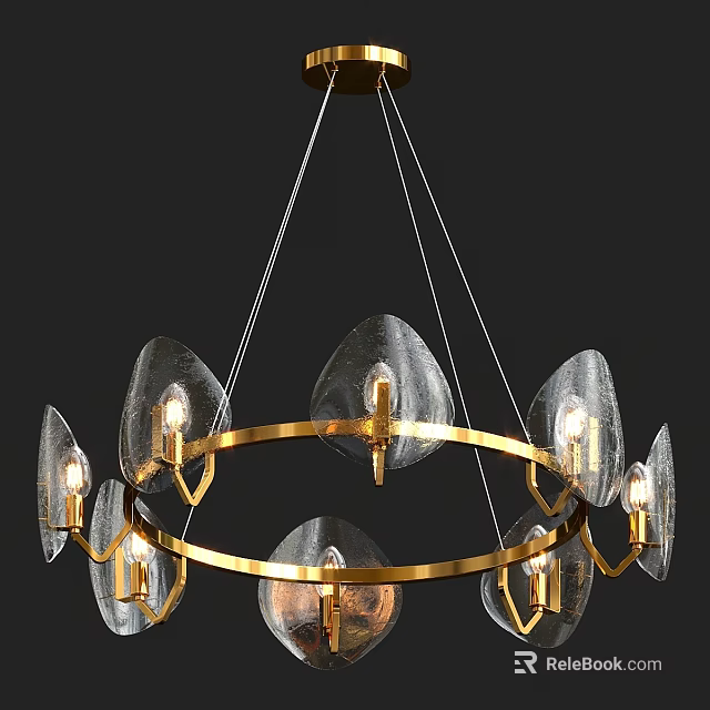 Modern Elegant Chandelier With Golden Ring And Transparent Leaf Shaped Glass Shades Illuminated Bulbs 3d model 