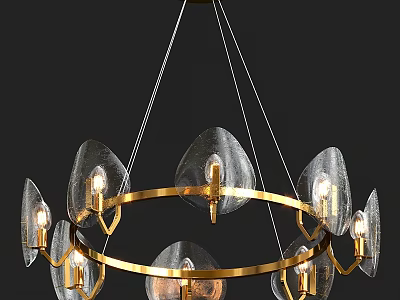 Modern Elegant Chandelier With Golden Ring And Transparent Leaf Shaped Glass Shades Illuminated Bulbs 3d model