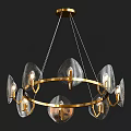 Modern Elegant Chandelier With Golden Ring And Transparent Leaf Shaped Glass Shades Illuminated Bulbs