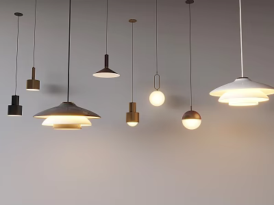 Modern Stylish Pendant Lights With Various Shapes And Metallic Tones Hanging On White Wall 3d model