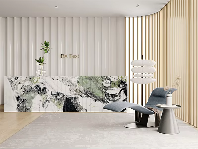 Modern Lobby Reception Desk With Marble Countertop Green Plants And Wooden Slat Wall 3d model