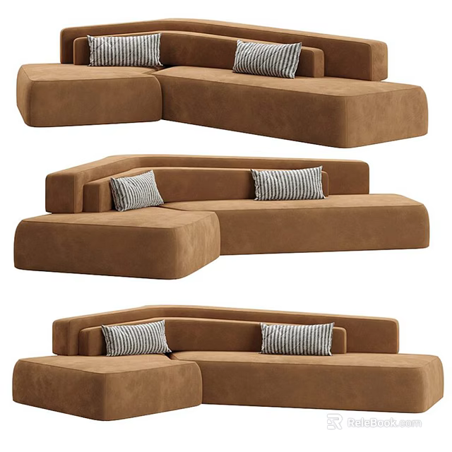 Stylish Brown Modular Sectional Sofa With Striped Pillows Modern Living Room 3d model 