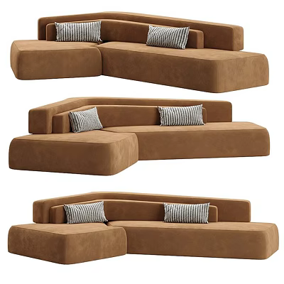 Stylish Brown Modular Sectional Sofa With Striped Pillows Modern Living Room 3d model