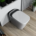 Modern White Smart Toilet In Bathroom With Green Plants And Wooden Floor