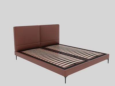 Modern Double Bed With Brown Leather Twin Panel Headboard And Black Slim Legs 3d model