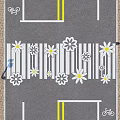 Municipal Road Design Featuring Bicycle Lanes Flower Decorated Zebra Crossing And Yellow Lane Markings