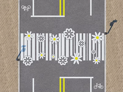 Municipal Road Design Featuring Bicycle Lanes Flower Decorated Zebra Crossing And Yellow Lane Markings 3d model