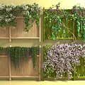 Vines on Wooden and Bamboo Fences with White Purple Flowers and Green Leaves Decorative Design