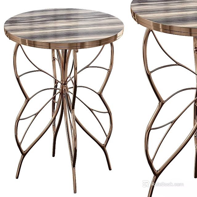 Elegant Striped Wood Top Side Table with Butterfly Shaped Metal Legs and Brass Finish 3d model 