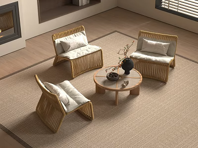 Three Rattan Leisure Chairs With Cushions On Indoor Rug Near Coffee Table 3d model