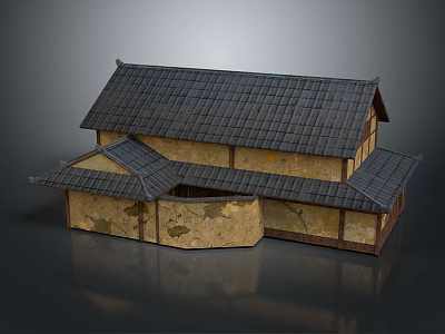 Traditional Architecture Design With Black Tile Roof Yellow Walls And Round Doorway 3d model