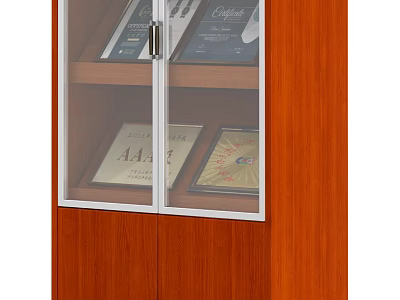 Classic Wooden Bookcase With Glass Doors Displaying Certificates And Awards 3d model