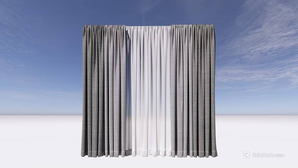 Gray and White Textured Curtains with Sheer Panels for Modern Home Decor 3d model 