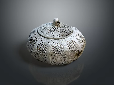 Silver Lidded Household Container With Perforated Pattern Round Shape And Small Spherical Handle 3d model
