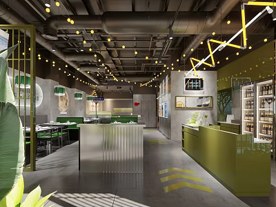 Modern Hot Pot Restaurant Interior With Green Counter Hanging Lights And Seating Area 3d model