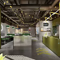 Modern Hot Pot Restaurant Interior With Green Counter Hanging Lights And Seating Area