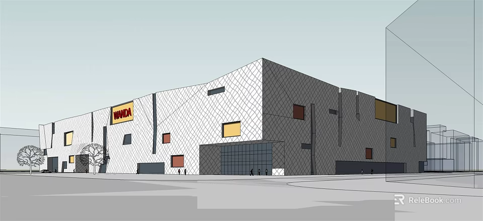 Modern Commercial Complex With Geometric Diamond Facade White Gray Walls Windows And WUMART Signage 3d model 