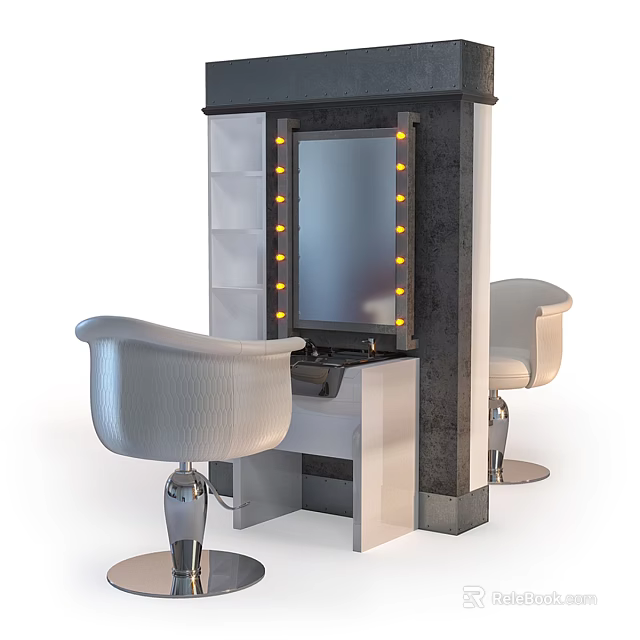 Modern Salon Vanity Setup With Lighted Mirror And Two White Chairs 3d model 