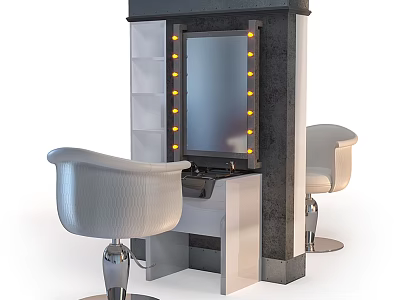 Modern Salon Vanity Setup With Lighted Mirror And Two White Chairs 3d model