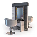 Modern Salon Vanity Setup With Lighted Mirror And Two White Chairs