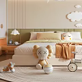 Modern Kids Room Interior Design With Cloud Decorations Bed Stuffed Toys And Storage Cabinets