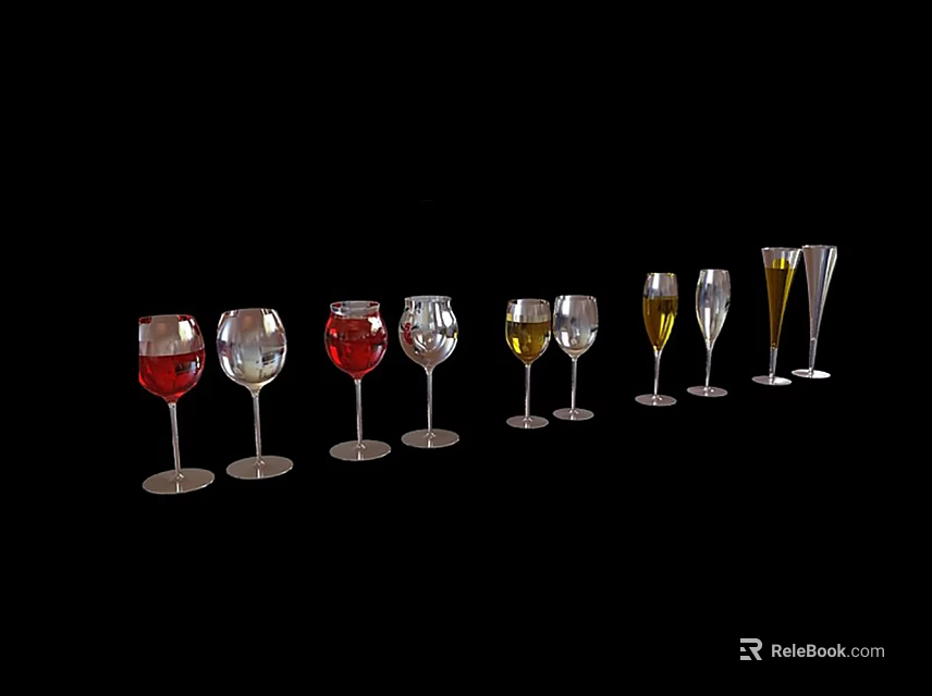 Different Types of Wine Glasses with Various Colored Liquids Arranged on Black Background 3d model 