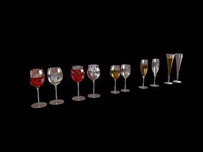 Different Types of Wine Glasses with Various Colored Liquids Arranged on Black Background 3d model