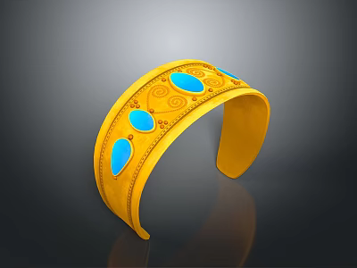 Elegant Yellow Gold Cuff Bracelet Featuring Blue Gemstones And Decorative Patterns 3d model
