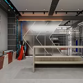 Modern Clothing Store Interior With Black Wall Shelves Central Concrete Bench And Clothing Racks