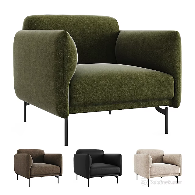 Modern Single Sofa Velvet Upholstered Comfortable Design With Black Metal Legs And Multiple Colors 3d model 