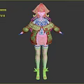 3D Anime Game Character With Green Hair Green Jacket Pink Skirt And Pink Stockings