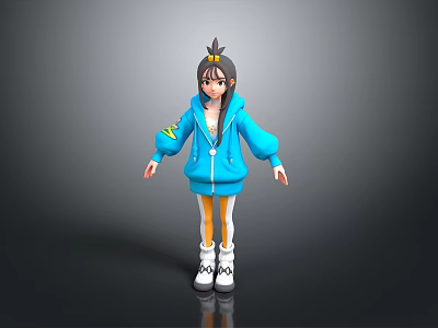 3D Anime Character With Blue Hoodie Yellow Pants White Shoes And Hair Accessory 3d model