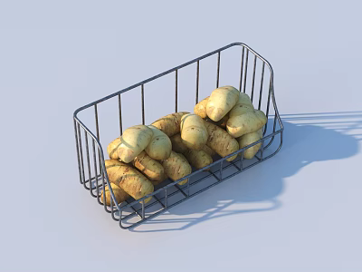 Fresh Organic Potatoes Placed in Metal Wire Basket on White Surface 3d model