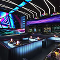 Modern Bar With Neon Lighting Large LED Screen Comfortable Lounge Seats And Drinks On Tables