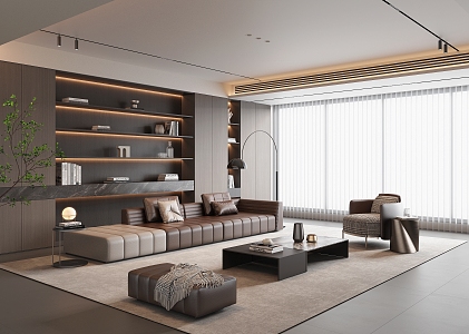 Modern Italian Living Room High-end Grey Living Room Italian Light Luxury Living Room Sofa Combination Leather Sofa Multi-person Sofa Leisure Chair Italian Coffee Table Bookcase Dreamy Curtain 3d model