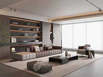 Modern Italian Living Room High-end Grey Living Room Italian Light Luxury Living Room Sofa Combination Leather Sofa Multi-person Sofa Leisure Chair Italian Coffee Table Bookcase Dreamy Curtain 3d model