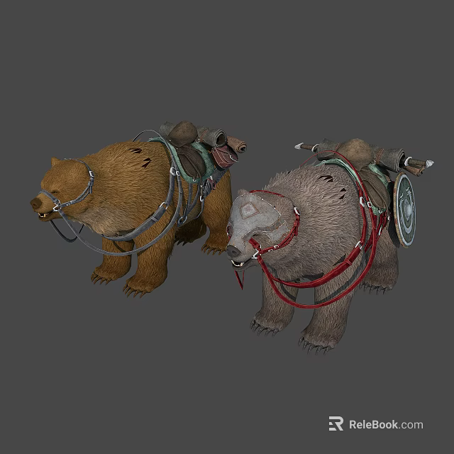 Two Brown and Gray Bears With Saddles and Carrying Gear in Fantasy Adventure 3d model 