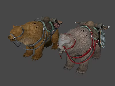 Two Brown and Gray Bears With Saddles and Carrying Gear in Fantasy Adventure 3d model