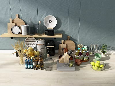 Stylish Dinnerware Set with Wooden Cutting Boards Ceramic Plates Glass Bottles Lemons and Plants 3d model