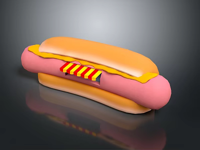 Delicious Hot Dog With Soft Bun Pink Sausage Yellow Sauce And Striped Topping 3d model