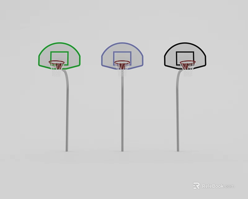 Three Different Color Basketball Hoops With Green Purple Black Backboards And Rims 3d model 