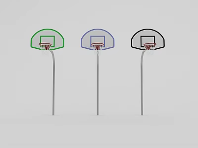 Three Different Color Basketball Hoops With Green Purple Black Backboards And Rims 3d model