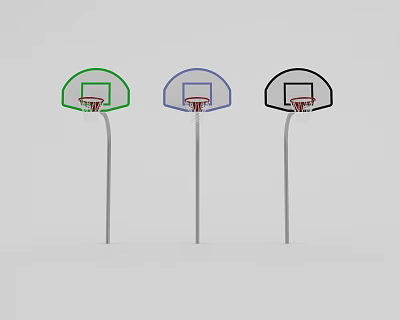 Three Different Color Basketball Hoops With Green Purple Black Backboards And Rims 3d model
