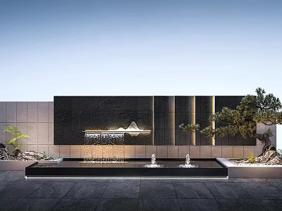 Modern Building Exterior Wall with Black and Gold Accents Featuring Water Feature Greenery and Stones 3d model