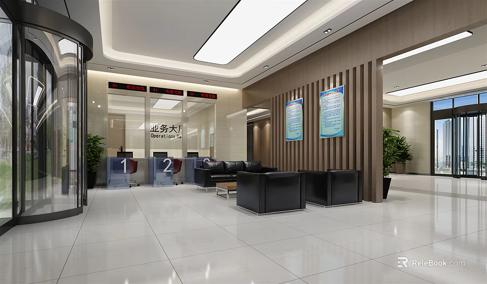 Modern Service Hall Interior With Reception Area Seating And Information Displays 3d model 