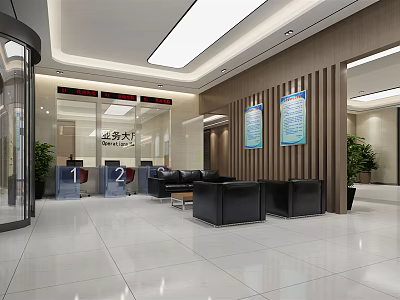Modern Service Hall Interior With Reception Area Seating And Information Displays 3d model