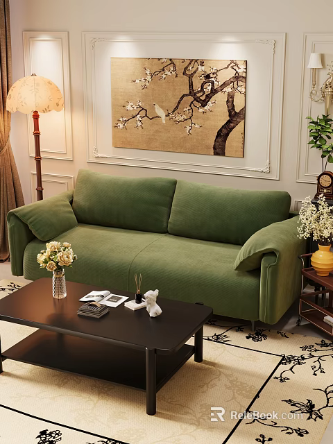 Green Velvet Sectional Sofa In Living Room With Coffee Table Decorative Painting And Floor Lamp 3d model 