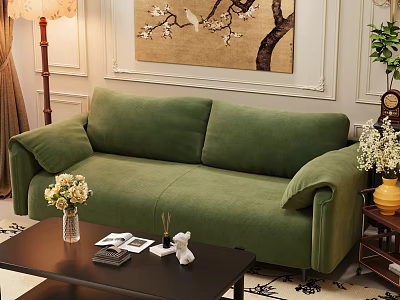 Green Velvet Sectional Sofa In Living Room With Coffee Table Decorative Painting And Floor Lamp 3d model