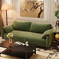 Green Velvet Sectional Sofa In Living Room With Coffee Table Decorative Painting And Floor Lamp